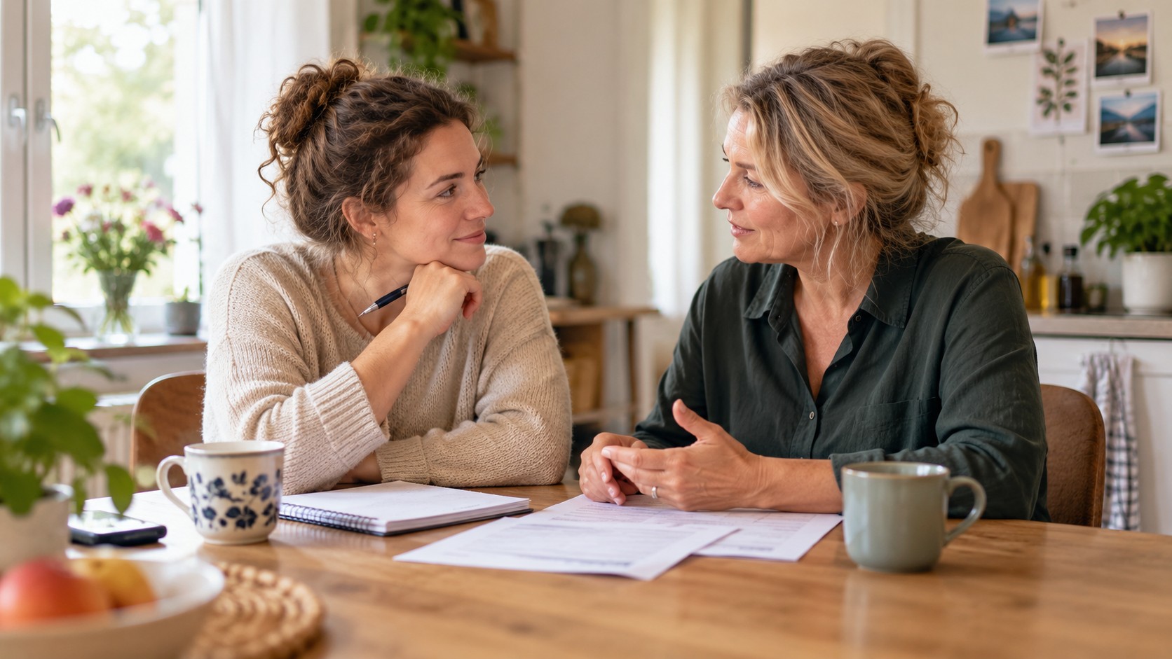 Twee vrouwen in gesprek aan de keukentafel, met papieren en een notitieblok voor zich